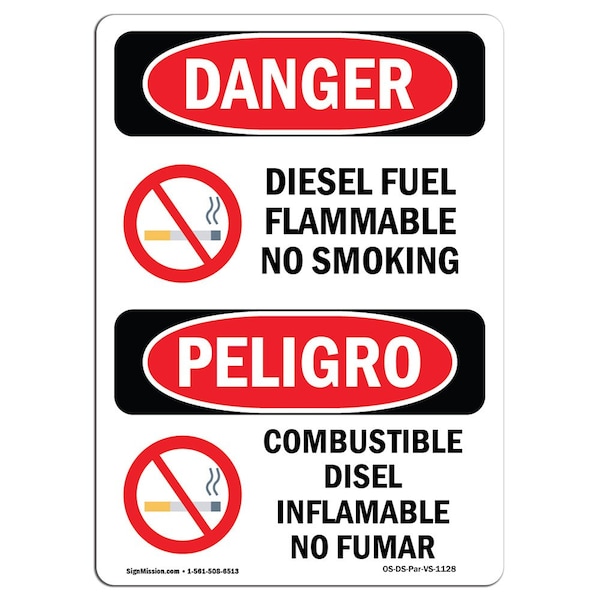 Safety Sign, OSHA Danger, 24" Height, Aluminum, Diesel Fuel Flammable No Smoking Spanish
